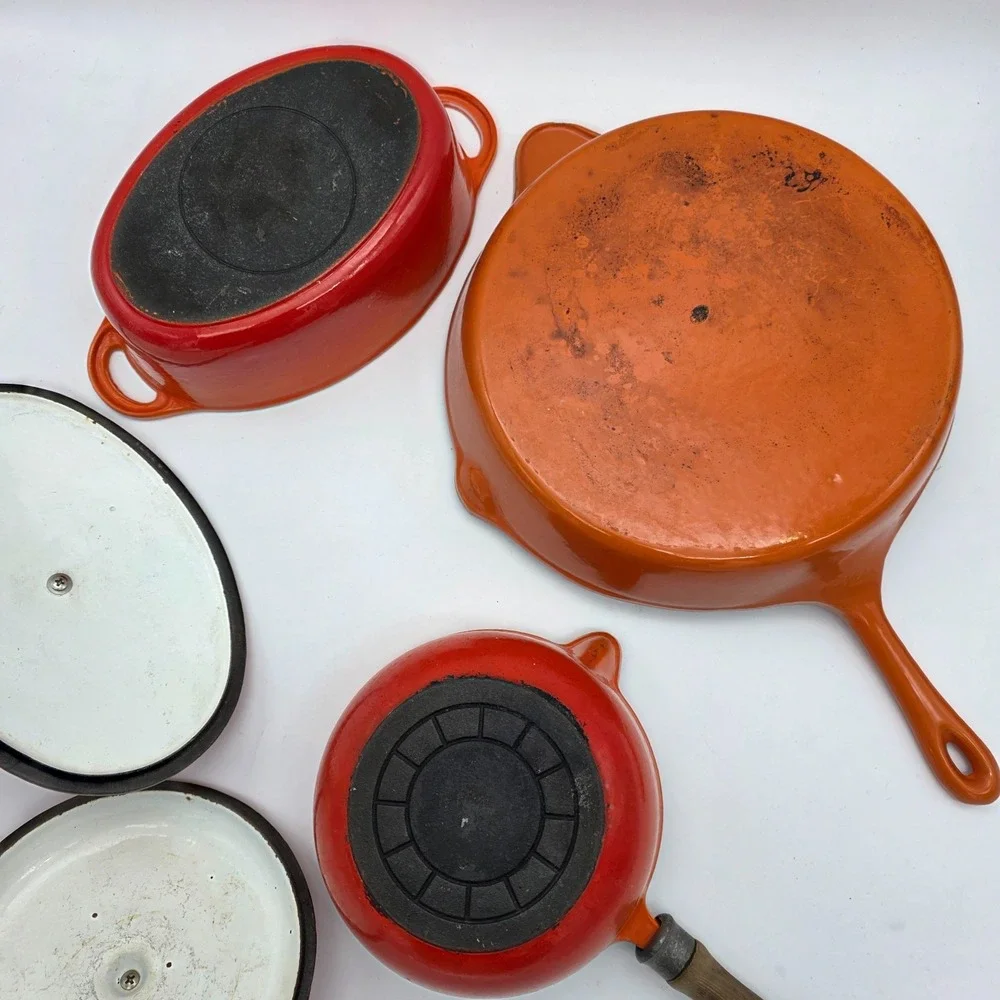 Vintage Unbranded #16 Pan, skillet, Casserole Flame Orange Enamel Cast Iron 70s?